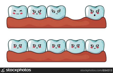 Several kawaii teeth together, healthy teeth in gum and problem of tooth loss, cute cartoon characters and concept of treatment, oral hygiene, dentistry - dental care. flat vector illustration.. kawaii dental care