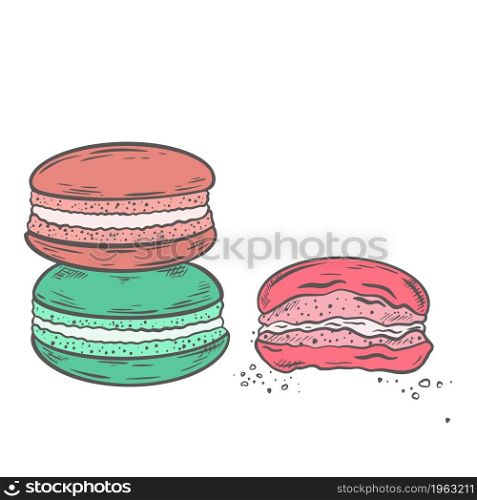 Several macaroons isolated object on white background. Small multi-colored round cakes. Whole and bitten baked goods with crumbs, vector illustration.. Several macaroons isolated object on white background.