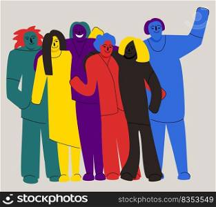 Several people standing together and hugging. Team concept. Corporative culture. Vector bright illustration.