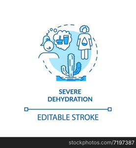 Severe dehydration turquoise concept icon. Lack of water in human body. Girl think of fluid. Rotavirus sign idea thin line illustration. Vector isolated outline RGB color drawing. Editable stroke