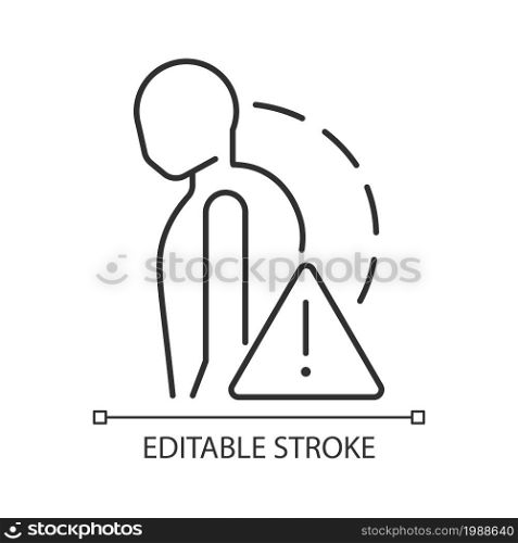 Severe stiff scoliosis linear icon. Rigid scoliosis. Complex spine curvature. Spinal deformities. Thin line customizable illustration. Contour symbol. Vector isolated outline drawing. Editable stroke. Severe stiff scoliosis linear icon