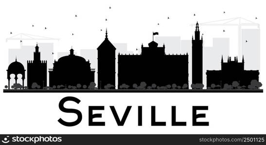 Seville City skyline black and white silhouette. Vector illustration. Simple flat concept for tourism presentation, banner, placard or web site. Business travel concept. Cityscape with landmarks