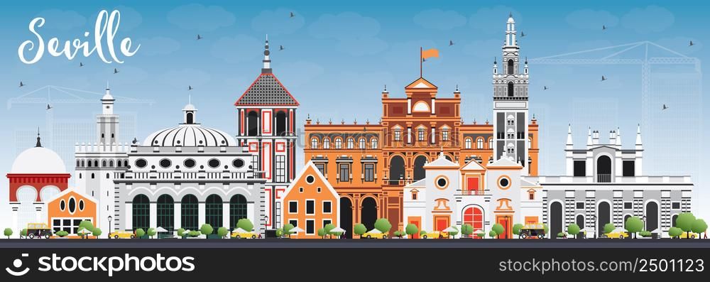 Seville Skyline with Color Buildings and Blue Sky. Vector Illustration. Business Travel and Tourism Concept with Historic Buildings. Image for Presentation Banner Placard and Web Site.