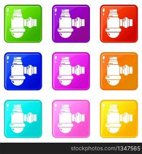 Sewage siphon icons set 9 color collection isolated on white for any design. Sewage siphon icons set 9 color collection