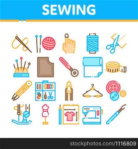 Sewing And Needlework Collection Icons Set Vector Thin Line. Sewing Needle And Measure, Dummy And Bobbin, Button And Fabric Concept Linear Pictograms. Color Contour Illustrations. Sewing And Needlework Collection Icons Set Vector