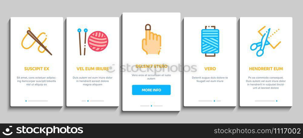 Sewing And Needlework Onboarding Mobile App Page Screen. Sewing Needle And Measure, Dummy And Bobbin, Button And Fabric Concept Illustrations. Sewing And Needlework Onboarding Elements Icons Set Vector
