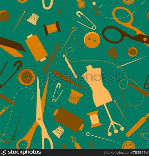 Sewing and needlework seamless pattern with scattered needles, cotton thimbles pins scissors and a dress makers dummy in square format