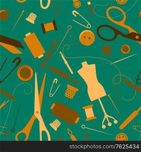 Sewing and needlework seamless pattern with scattered needles, cotton thimbles pins scissors and a dress makers dummy in square format