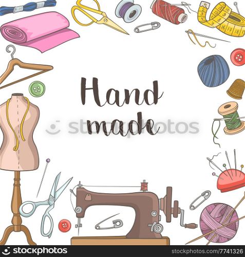 Sewing and needlework tools and accessories. Hand drawn vector background