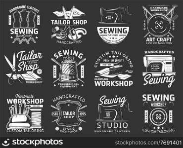 Sewing and tailor icons with isolated vector sewing tools and equipment. Thread, needle, machine and scissors, pin, button, mannequin, textile and tape measure emblems of dressmaker or tailor shop. Sewing or tailor icons, vector tools and equipment