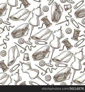 Sewing atelier or tailoring objects, seamless pattern of mannequin, fabric and threads, needles and pins. Cloth for creating new dresses. Workshop monochrome sketch outline, vector in flat style. Tailoring or sewing clothes, mannequin and materials seamless pattern