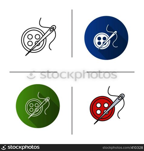 Sewing buttons and needle with thread icon. Flat design, linear and color styles. Tailoring. Isolated vector illustrations. Sewing buttons and needle with thread icon