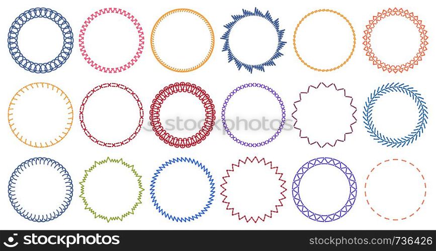 Sewing circle frames. Embroidered borders, stitched round frame and sew seams border pattern. Circle napkin crochet frames, victorian sewing ring. Isolated vector illustration symbols set. Sewing circle frames. Embroidered borders, stitched round frame and sew seams border pattern vector illustration set