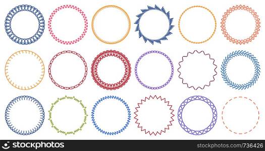 Sewing circle frames. Embroidered borders, stitched round frame and sew seams border pattern. Circle napkin crochet frames, victorian sewing ring. Isolated vector illustration symbols set. Sewing circle frames. Embroidered borders, stitched round frame and sew seams border pattern vector illustration set