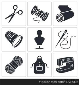 Sewing clothing manufacture icons set vector image