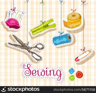 Sewing dressmaking and needlework accessories sketch composition vector illustration