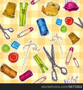 Sewing dressmaking and needlework accessories sketch seamless pattern vector illustration