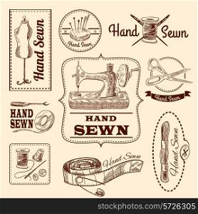 Sewing emblems hand drawn set with tailor and needlework elements isolated vector illustration
