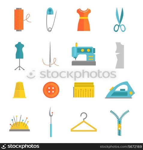 Sewing equipment and dressmaking accessories icons set with needle tape measure zipper flat isolated vector illustration