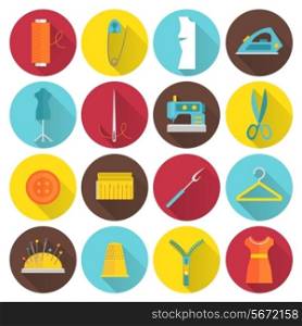 Sewing equipment and tailor needlework accessories icons with thread needle zipper isolated vector illustration