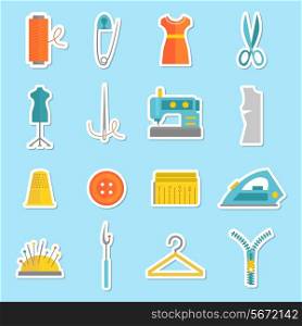 Sewing equipment and tailor needlework stickers set with button thimble pin isolated vector illustration