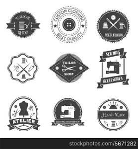 Sewing equipment atelier tailor shop label set isolated vector illustration