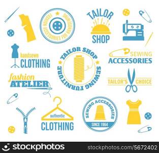 Sewing equipment fashion accessories colored labels set isolated vector illustration