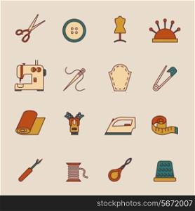 Sewing equipment icons set with button dress form machine isolated vector illustration