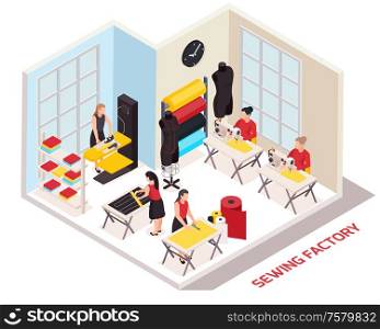 Sewing factory isometric composition with seamstresses and clothes designers at work 3d vector illustration
