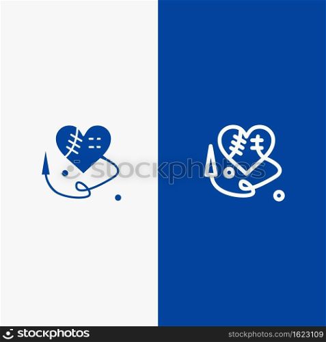 Sewing Heart, Broken Heart, Heart,  Line and Glyph Solid icon Blue banner Line and Glyph Solid icon Blue banner