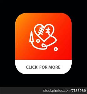 Sewing Heart, Broken Heart, Heart, Mobile App Button. Android and IOS Line Version