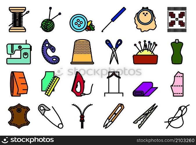 Sewing Icon Set. Editable Bold Outline With Color Fill Design. Vector Illustration.