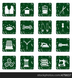 Sewing icons set in grunge style green isolated vector illustration. Sewing icons set grunge