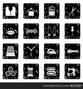Sewing icons set in grunge style isolated on white background vector illustration. Sewing icons set