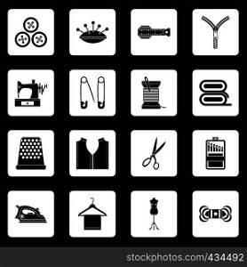 Sewing icons set in white squares on black background simple style vector illustration. Sewing icons set squares vector