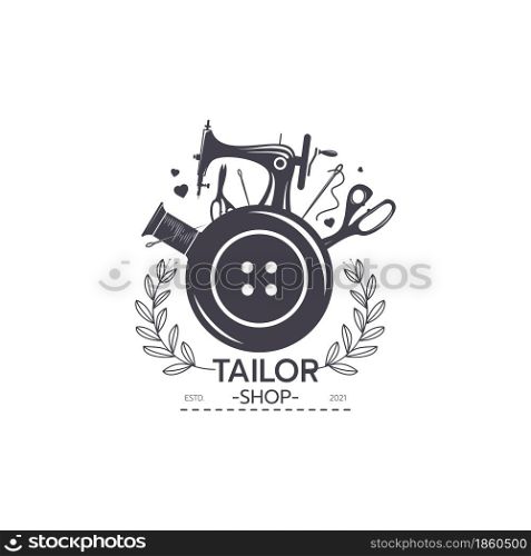 Sewing machine and tailoring clothes, logo design template. Tailor shop, tailoring craft and textile production, Fashion and clothes on white background vector illustration