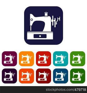 Sewing machine icons set vector illustration in flat style in colors red, blue, green, and other. Sewing machine icons set
