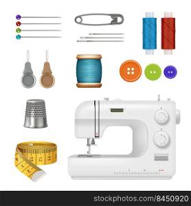 Sewing machine. Realistic tailor kit sewing professional production collection elements needles threads pins centimeter decent vector pictures set. Illustration of equipment for needlework. Sewing machine. Realistic tailor kit sewing professional production collection elements needles threads pins centimeter decent vector pictures set