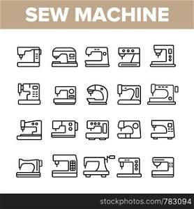 Sewing Machines, Tailor Equipment Vector Linear Icons Set. Sewing, Stitching Modern And Vintage Machines Outline Symbols Pack. Dressmaker Workshop, Clothing Industry Isolated Contour Illustrations. Sewing Machines, Tailor Equipment Vector Linear Icons Set