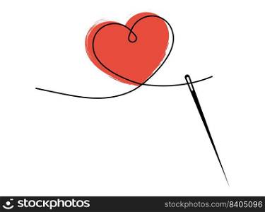 Sewing needle with thread red heart shape. Line in heart shape. Love decoration design background. Vector illustration.. Sewing needle with thread red heart shape. Line in heart shape. 