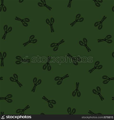 Sewing pattern with outline scissors on green background. Vector illustration. Sewing pattern with outline scissors