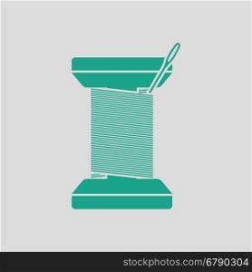 Sewing reel with thread icon. Gray background with green. Vector illustration.