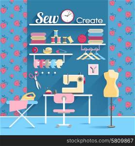 Sewing room concept design poster. Every woman dream sewing room for self made wardrobe with sewing machine and mannequin abstract vector illustration