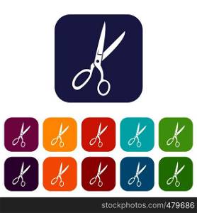 Sewing scissors icons set vector illustration in flat style in colors red, blue, green, and other. Sewing scissors icons set