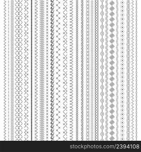 Sewing seams. Embroidery stripe, geometric stitched lines. Sew stitch or seam, seamless fabric borders. Isolated decorative cross embroidered, nowaday vector. Illustration of edge border brush. Sewing seams. Embroidery stripe, geometric stitched lines. Sew stitch or seam, seamless fabric borders. Isolated decorative cross embroidered, nowaday vector elements