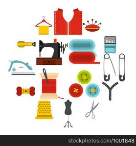 Sewing set icons in flat style isolated on white background. Sewing set flat icons