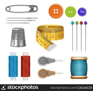 Sewing set. Realistic equipment fabric measure tape sewing set needles thread scissors for textile fashion clothes vector illustrations. Dressmaking and handmade tools realistic, hobby needlework. Sewing set. Realistic equipment fabric measure tape sewing set needles thread scissors for textile fashion clothes decent vector illustrations