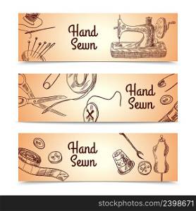 Sewing sketch horizontal banner set with dressmaking and clothes elements isolated vector illustration