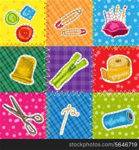 Sewing sketch patchworks set with hobby needlework tools isolated vector illustration