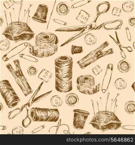 Sewing sketch seamless pattern with thread spool needle pillow scissors vector illustration.